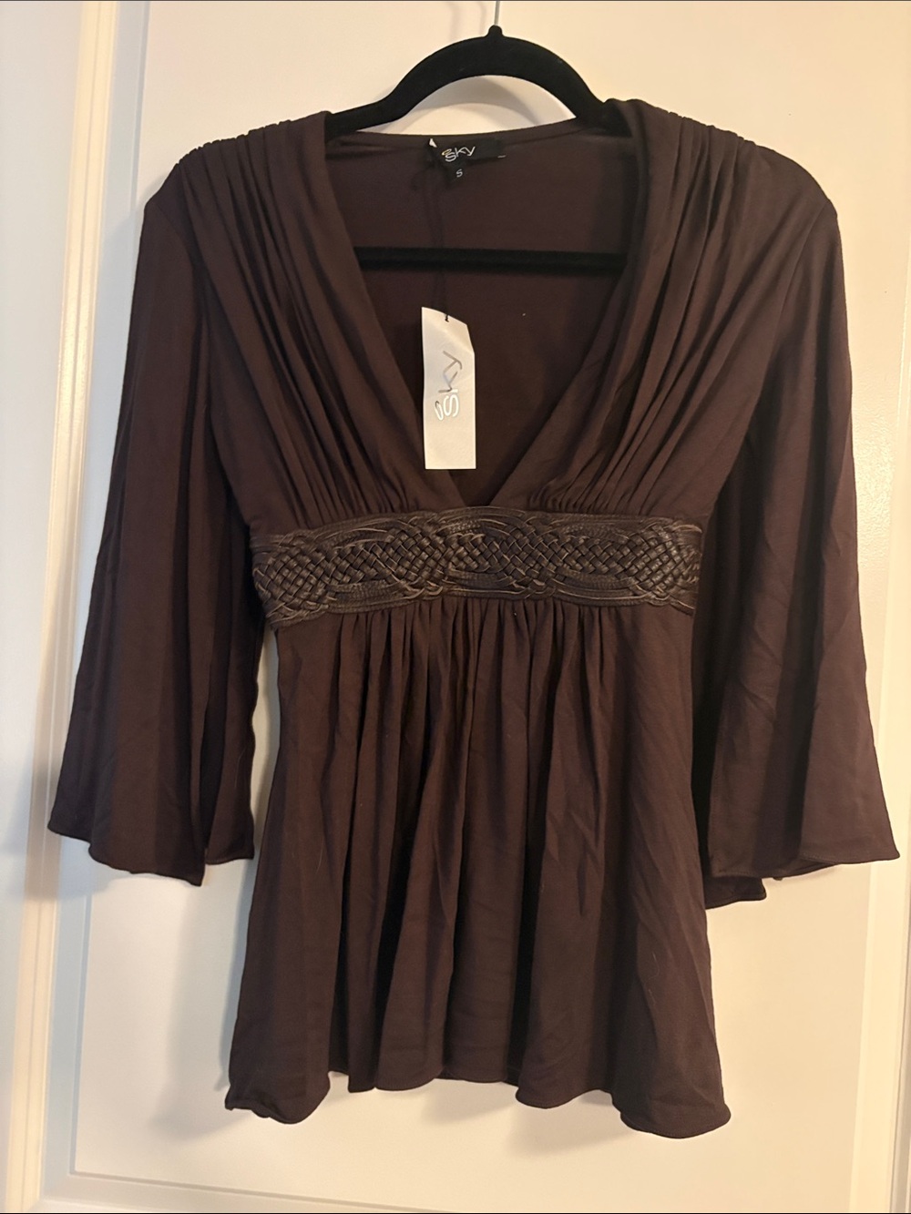 Sky Brown Braided-Waist V-Neck Women's Top